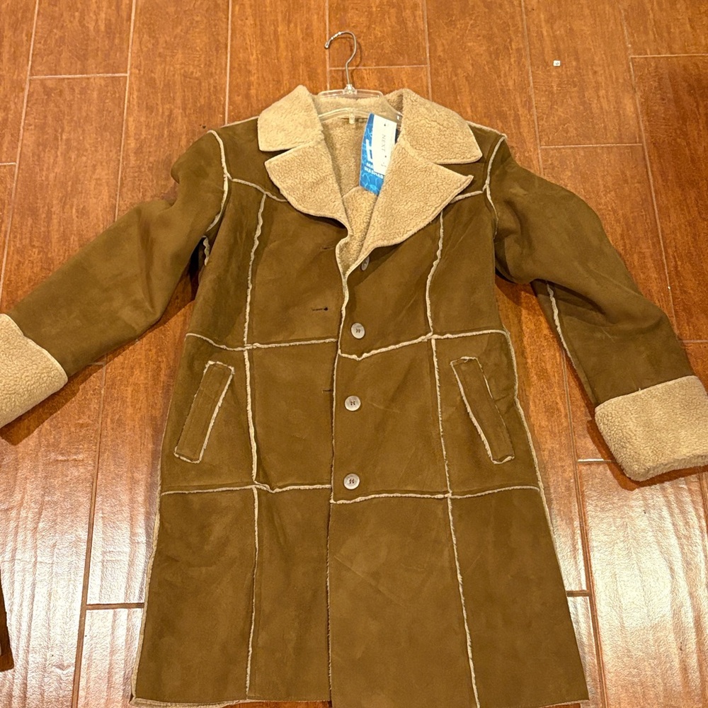 Next Suede Brown Pea Coat with Cream Trim